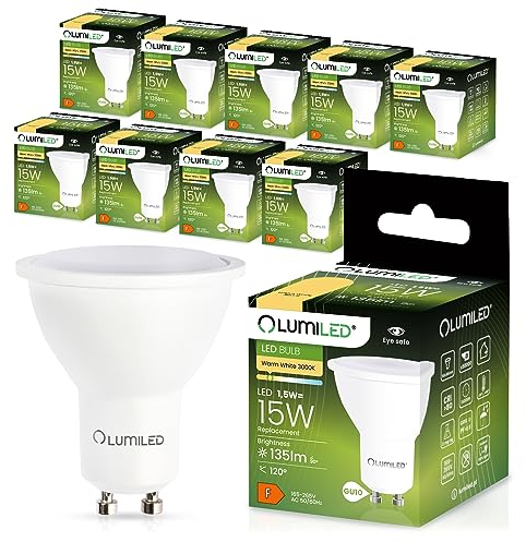 Lumiled LED GU10 Lampe 1.5W, 135lm Warmweiß 3000K, ersetzt 15W Halogen CRI > 80 Reflektor Spot 120°, Nicht dimmbar 10er Pack Energiespar Leuchtmittel für Wohnzimmer Küche Flur Hotel Büro