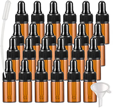 BasicPacking 25 Stück 3ml Braunglas Pipettenflasche, Leere Kleine Bernstein Braun Glasflasche mit Pipette, Stichprobe Glaspipette Tropfflasche für ätherische Öle Aromatherapie + Trichter