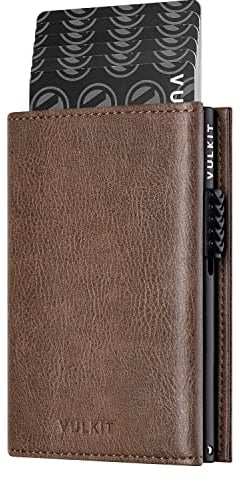 VULKIT Credit Card Holder RFID Blocking Leather Pop Up Card Wallet with Banknote Compartment, ID Window, Coin Pocket & Magnetic Closure