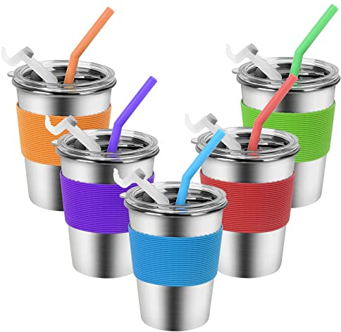Yummy Sam Stainless Steel Cups with Silicone Straws & Lids,12oz Kids Tumblers Dishwasher Safe, Unbreakable Metal Toddler Cups with for Cold and Hot Drinks, Spill-proof, 5 Pack