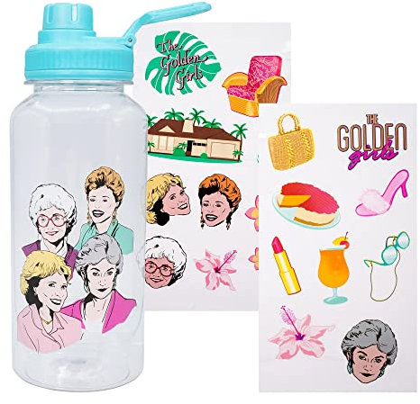 The Golden Girls Bouteille d'eau à bec verseur torsadé et autocollants 946 ml | Pichet de sport en plastique sans BPA avec couvercle à vis étanche | Hydratation pour les activités de plein air, la