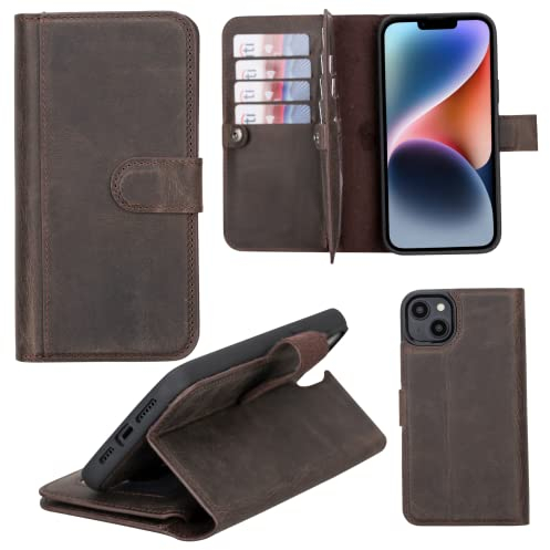 HARDISTON Schutzhülle für iPhone 14 Plus, echtes Premium-Leder, handgefertigt, MagSafe-kompatibel, Doppel-Folio-Kartenhalter, abnehmbare magnetische Klapphülle, horizontaler Ständer, Taupe