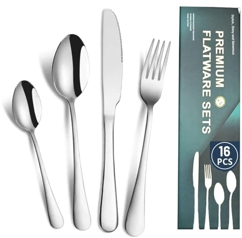 Cutlery Set for 4, Sulypo Cutlery 16-Piece Knife and Fork Sets, Stainless Steel Flatware Set, Dishwasher Safe, Mirror Polished,Service for 4 People