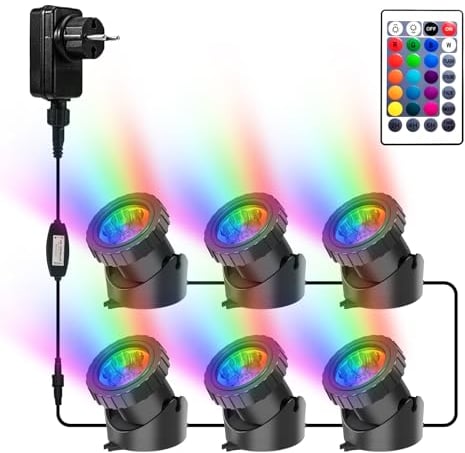 NATPOW Luces para Estanques, luz estanque sumergible, 20W APP Control, LED Sumergibles IP68, 16 Colores Cambiantes con Música, para Piscina/Estanque/Acuario/Patio, telecontrol 2m Profundidad (6 en 1)