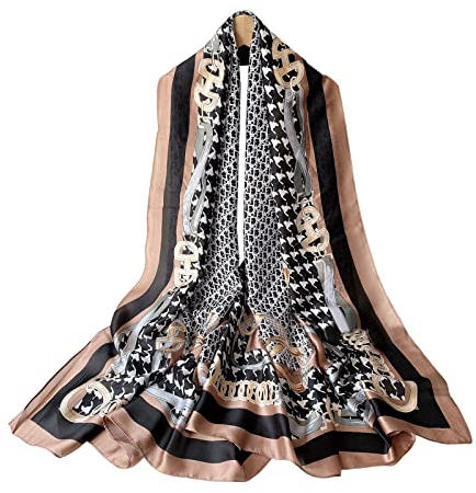 LumiSyne Seidenschal Damen Mode Klassisch Blume Gedruckt Hahnentritt Muster Warmer Seidentuch Lange Leicht Halstücher Sonnencreme Stola All Season