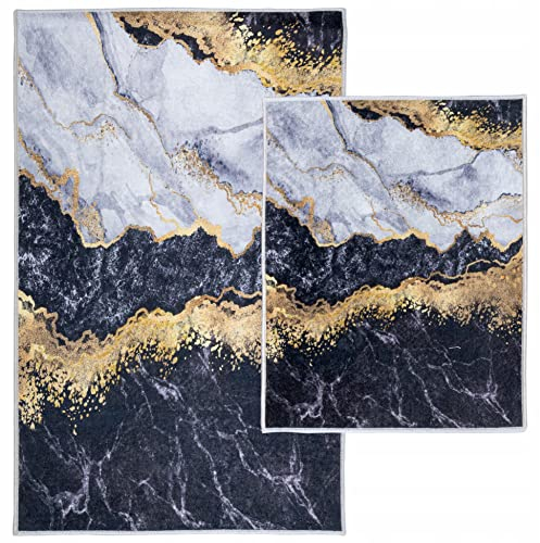 e-floor 2X Badematte | 50x40cm + 50x80cm | Marmor | Anti-Rutsch | Badteppich | Badvorleger | Duschvorleger | Duschmatte | Rutschhemmend | Ultraweich | Saugfähig