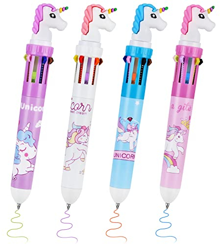 OFFCUP Multicolor Stifte, 4 Stück Mehrfarbiger Kugelschreiber, 10 in 1 Versenkbare, Einhorn-Design, für Studenten Kinder Schulbedarf