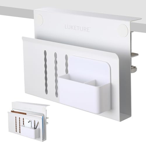 LUKETURE Desk Side Storage, Steel Side Desk Organizer, No Drill Laptop Holder, Clamp on Laptop Mount with Pen Holder, Table Hanging Storage for Home Office, Fits Flat Edge Tables 0.3 to 2.8