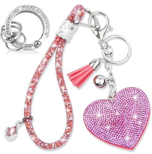 Kristall-Schlüsselanhänger-Set, Strass-Schlüsselanhänger in Herzform mit Quaste, glitzernder Auto-Schlüsselanhänger für Damen, Schlüsselanhänger, Rosa Handgelenk-Schlüsselband und