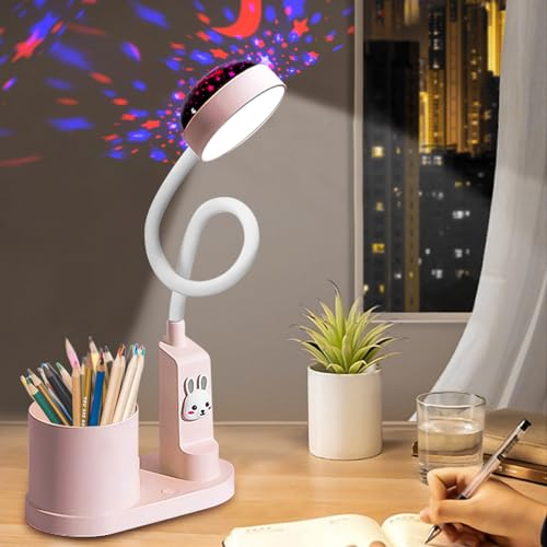 Aicharynic Lampada da Scrivania per Bambini: Lampada da Notte LED con Port penna, Lampada da Tavolo Dimmerabile con Proiezione di Stelle, Regolabile a 360°, per Cameretta (Rosa)