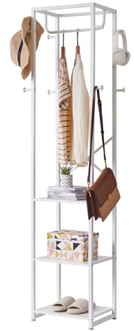 IBUYKE Garderobenständer, Kleiderständer mit 3 Ablagen und 8 Haken, Freistehende Garderobe, Industrie-Stil, für Schals, Taschen, Regenschirme und Boxen, Weiß TMJ088W
