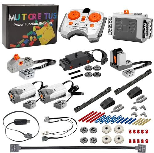 Mutcretus 60PCS Power Function Motor Set, Remote Control&Battery Pack Motor Kit for Train Set, Compatible with Lego Technic Sets, New Light Gray Electric Functions Motors and Gears, Kid&Adult