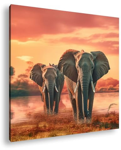 deyoli Elefanten im Sonnenuntergang, Wasserreflexionen. Format: 40x40 cm als Leinwandbild, Motiv fertig gerahmt auf Echtholzrahmen, Hochwertiger Digitaldruck mit Rahmen
