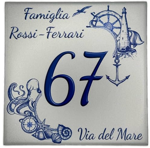 Numero Civico Targa Decorativa PERSONALIZZABILE,Numero Civico su Mattonella in Ceramica 15x15cm con Indirizzo e Nome Famiglia Personalizzato,Numeri Civici Moderni. (S)