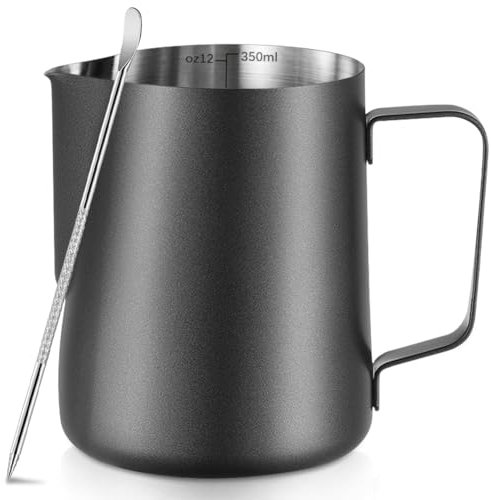 Milchkännchen zum Aufschäumen, 350 ml, Edelstahl, Milchkännchen mit Latte Art Stift, mit Innenmaßen, für Cappuccino, Espresso und mehr