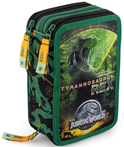 Astuccio 3 Scomparti, 45 Pezzi, Per Jurassic Dinosauri World Fan, 2 Penne Gel Cancellabili, Colla, Forbici, Pastelli 4.0, 3 Zip, Bambini, Scuola e Regalo, Nero e Verde