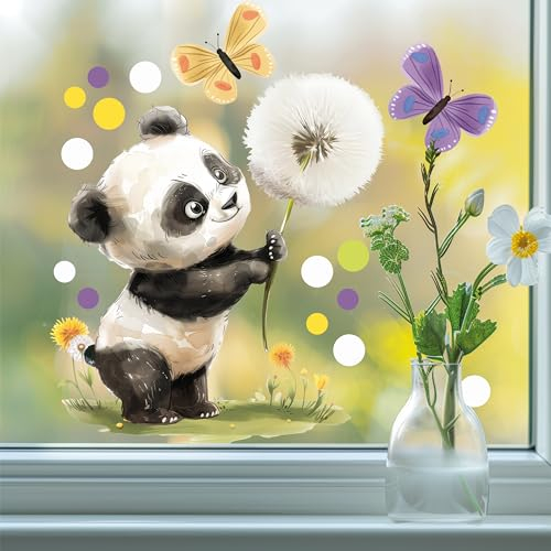 Sunnywall Fensterbild Fensterdeko Panda Pusteblume Fensteraufkleber statisch selbstklebend beidseitiger Druck Aufkleber Fenstersticker WIEDERVERWENDBAR A4