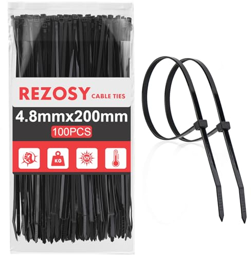 REZOSY Kabelbinder Schwarz 200mm x 4.8mm, 100 Stück Zugfestigkeit 22kg, UV-beständig,Für viele Gelegenheiten geeignet, zum Organisieren von Kabeln, Haushalt, Büro