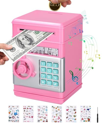 Birshe Elektronische Spardose Safe,Passwort Spardose für Kinder Elektronische Spardose Jungen Mädchen Spardose Groß mit Niedlichen Aufklebern Weihnachts Geburtstags Geschenke Spielzeug Rosa