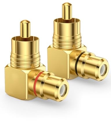 SOUNDFAM 2-Pièces Adaptateurs RCA Coudés à 90° - Plaqué Or 24K- Fiche RCA Mâle vers Femelle