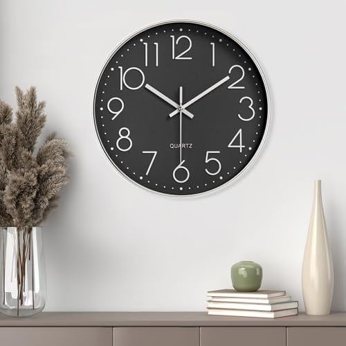 Gentpovth 8 Zoll (20 cm) Moderne Wanduhr Ohne Tickgeräusche - Mit Klarglasscheibe, Hohe Genauigkeit, Leicht zu Lesen - Für Büro, Wohnzimmer, Küche, Schule, Kinderzimmer (Schwarz)