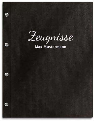 Handgefertigte Zeugnismappe mit eigenem Namen in schwarzer Lederoptik – inkl. 12 Sichthüllen – Mappe für Zeugnisse und Urkunden