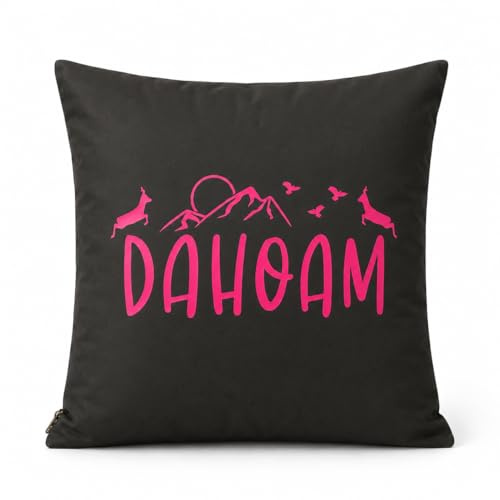 MyOma Outdoor Kissen wasserfest 45x45 cm in anthrazit, Aufdruck pink Dahoam | Wetterfester Kissenbezug für Garten & Balkon – dunkelgraues Deko-Kissen (ohne Füllung) - stylisch & robust