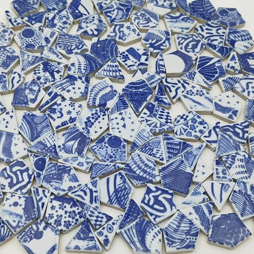 Piastrelle per mosaico in ceramica rotta, 500 g, per artigianato, mosaico irregolare, in porcellana blu e bianca, per progetti fai da te a mosaico in vaso (Medium 2)