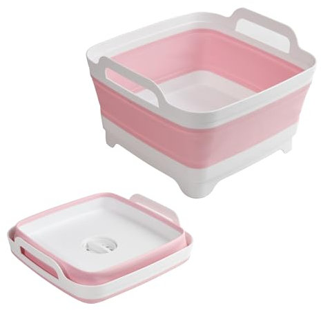 Collapsible Dish Basin Foldable Kitchen Sink With Drain Plug Plastic Laundry Tub 9L/2.4Gal RV & Camping Wash Basin Space-Saving Bottle Washing Sink (Pink)