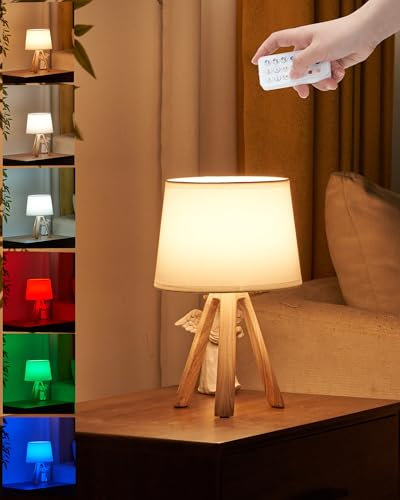 UMEXUS Lampe de table sans fil, alimentée par piles rechargeables, minuterie, variateur d'intensité, télécommande et changement de couleur, abat-jour en tissu, petit trépied d'éclairage pour patio