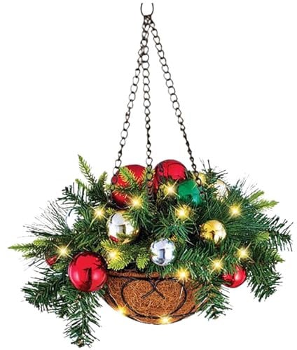 Comebachome Christmas Hanging Basket, 7.9inch Artificial Hanging Baskets with Red Green Christmas Balls, Realistic Winter Hanging Basket for Outdoor Porch Christmas Decorations