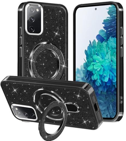 TVVTPU Handyhülle für Samsung Galaxy S20 FE Hülle mit Magnetisch Ring Ständer, Transparent Glitzer Silikon Stoßfest Kratzfest Hart PC Rückseite Schutzhülle Case für Samsung S20 FE 4G / 5G, Schwarz
