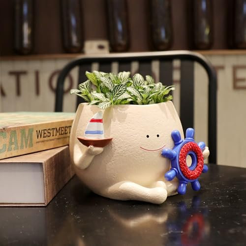 Face Planter Pot Funny Head Planter for Indoor Plants with Drainage Hole, Cute Succulent Beach Flower Pots with Sailboat, Unique Plant Gift on Mother's Day Birthday Christmas