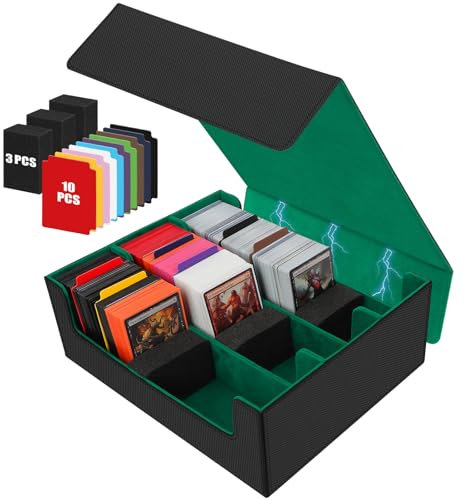 LALATOK 3 Reihen PU Leder Magnetic Sammelkarten-Aufbewahrungsboxen, Trading Card Storage Box für 1800+ Karten, Card Deck Box mit 10 Bunten Trennwänden, für MTG, TCG und Sportkarten (Schwarz Grün)