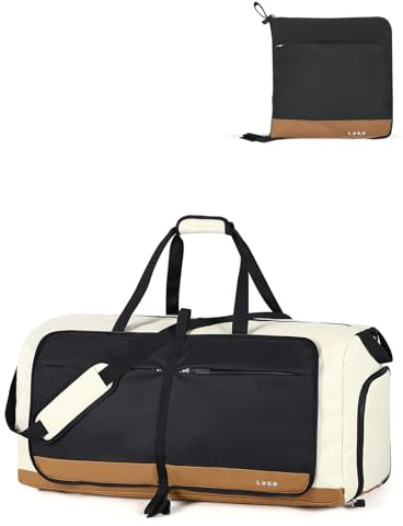 Lekesky Large Foldable Travel Duffe Bag - 80L Waterproof Holdall Luggage Bag with Shoes Compartment, Weekend Overnight Sports Bag for Women and Men(Black with Khaki, 72 * 33 * 34cm)