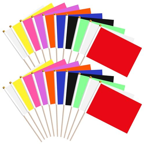Lot de 20 petits drapeaux vierges sur bâtons de couleur unie - 21 x 14 cm - Mini drapeaux de sublimation miniatures à main pour graffitis - Rouge, blanc, rose, rouge, vert, bleu, orange, noir, violet