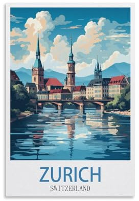 Vintage-Reiseposter Zürich Schweiz, Küste, 20 x 30 cm, Druckposter für Zuhause, Badezimmer, Schlafzimmer, Büro, Wohnzimmer, Dekoration, Leinwandposter