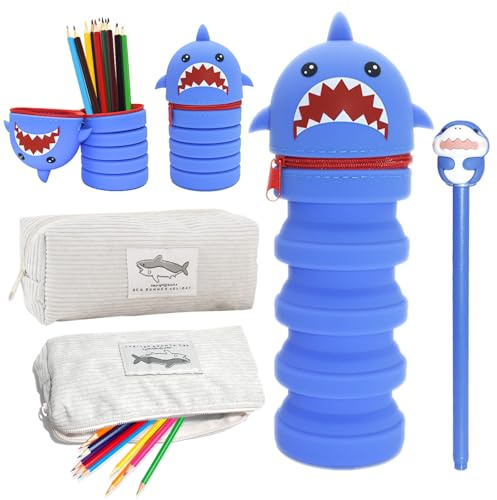 PXBSNB 2-in-1 Silikon Federmäppchen, Teleskopisc Stand up Federmäppchen, Weiche Silikon Stifte Mäppchen mit Teißverschluss, Kawaii Cartoon Tier Stifthalter für Jungen und Mädchen (Blau Shark)