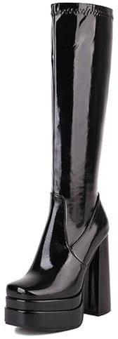 Gueploer Stivali Alti per Donne, Stivali A Tacco Grosso con Piattaforma Fino al Ginocchio per Festa, Quotidiano, Lavoro,Nero,43 EU