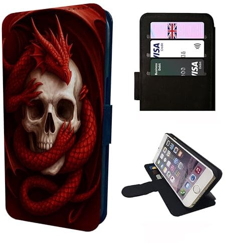 Dragon Skull Wallet Phone Case Flip Cover Compatible with iPhone SE 7 8 X XR 11 12 13 14 15 16 16E Plus Mini Pro Max – Mystical Blue Dragon, Faux Leather Fantasy Case with Card Slots, Shockproof