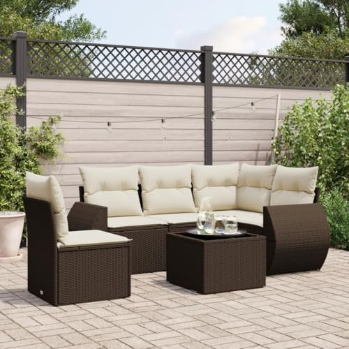 QJBSAVVA Polyrattan Gartenmöbel-Set 6-TLG Braun 55x53x34 cm mit Glas-Sideboard Modernes Lounge-Design Robust und Wetterschützend für Balkon Terrasse und kleine Gärten