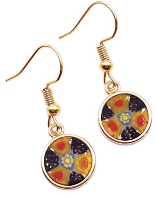 Handgefertigte Muranoglas-Ohrringe, vergoldet, Millefiori-Glas, Tropfen-Ohrringe, Muranoglas-Schmuck aus Venedig, Italien, 1 cm Durchmesser