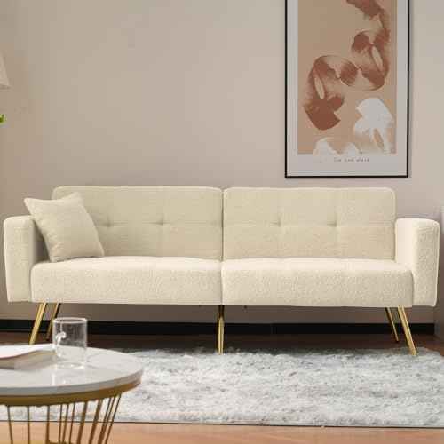 Anwick Schlafsofa mit Verstellbarer Rückenlehne & Bettfunktion – Beiges Gästebett Sofa in Sherpa Stoff mit goldenen Beinen und Seitentaschen, 175 cm (Beige)