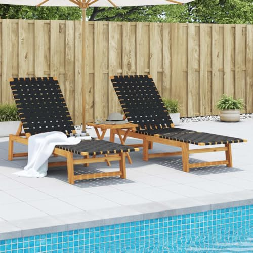 Hoopleep Lot de 2 chaises longues en bois d'acacia massif, noir, réglable, pour extérieur, jardin, terrasse, piscine, 201 x 55 x 30 cm