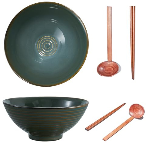 Yuecda 2 Sets 8 Inch Ceramic Ramen Bowl Set of 2, 40oz Japanese Bowls with Spoons & Chopsticks,Durable,Microwave & Dishwasher Safe,Perfect for Ramen,Pho,Salad,Soup,Noodles，Mixing Bowls（Cyan）