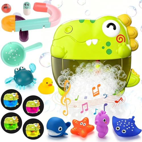Badespielzeug Set, 3-in-1 Badewannenspielzeug mit Dinosaurier-Seifenblasenmaschine 12-teiligem Badebahnspiel Silikon Tier Wasserspielzeug Pädagogisches Geschenk für Mädchen und Jungen ab 3 Jahren