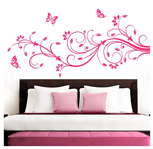 Grandora Wandtattoo XXL Blumenranken Schmetterlinge Blumen I pink (BxH) 160 x 69 cm I Schlafzimmer Liebe Flur Wohnzimmer modern Aufkleber Wandaufkleber W1073