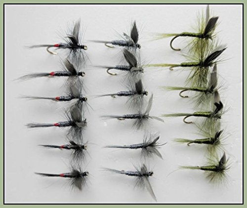 18 Dry Trout Fishing Flies -Blue Dun, Olive Dun and Iron Blue Dun, Choice (14/16)