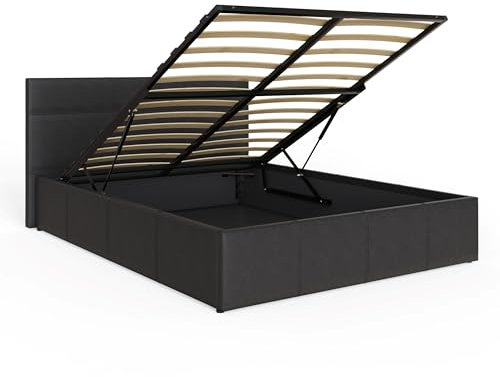 GFW Classic Leather Upholstered Ottoman Storage Bed With Gas End Lift & Under Bed Storage, Double, Faux Leather, Black