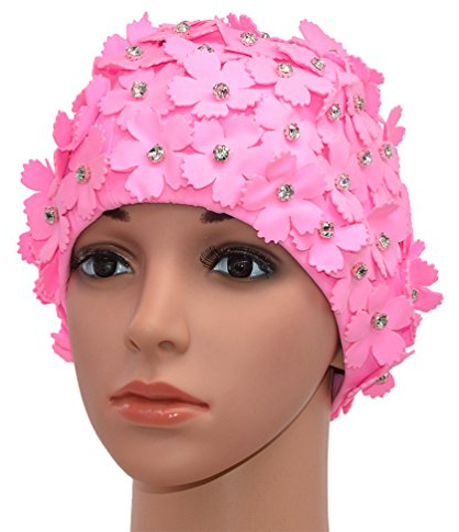 Medifier Handbuch Strass Floral Blütenblatt Retro Stil Schwimmen Gap Badekappen für Frauen rosa